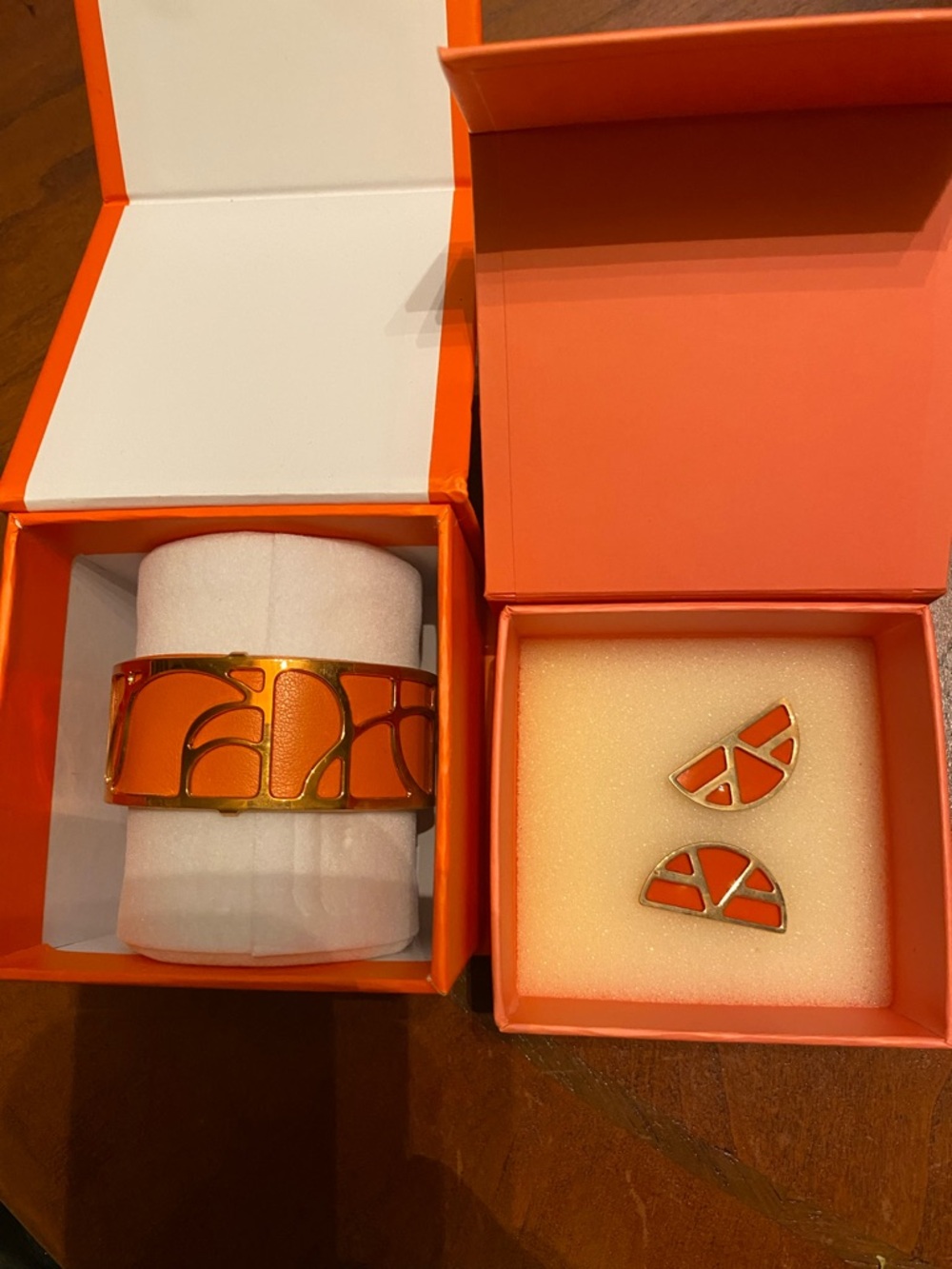 Gold-Tone Orange Enamel Cuff Bracelet and Stud Earrings Set
